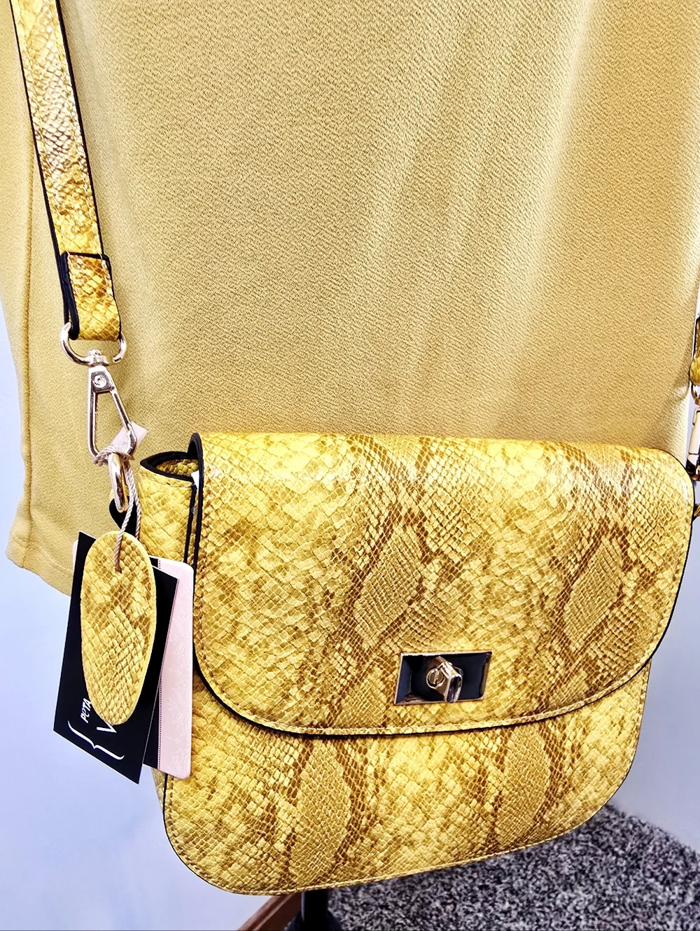 Mellow World yellow snake print crossbody bag vegan leather bold statement Edgy